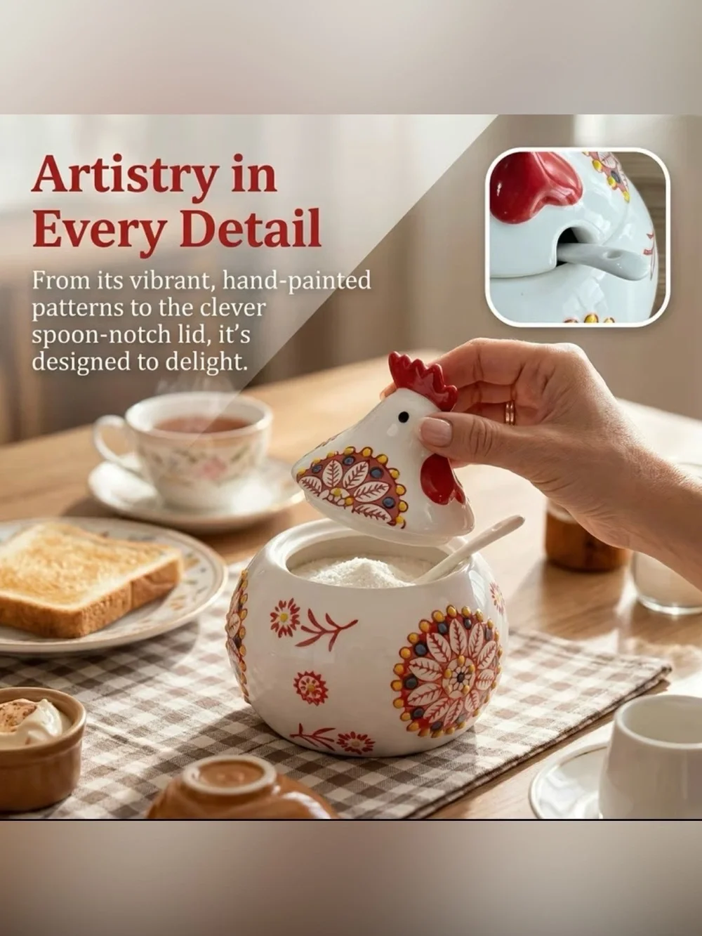 🆕 Hand-Painted Ceramic Rooster Sugar Pot with Spoon - Green Blue & Red